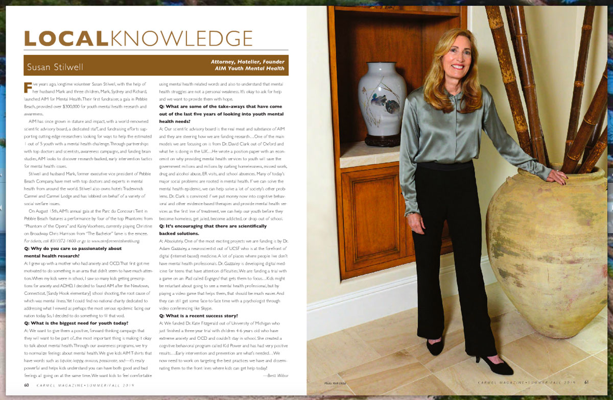 AIM Youth Mental Health founder Susan Stilwell in Carmel Magazine